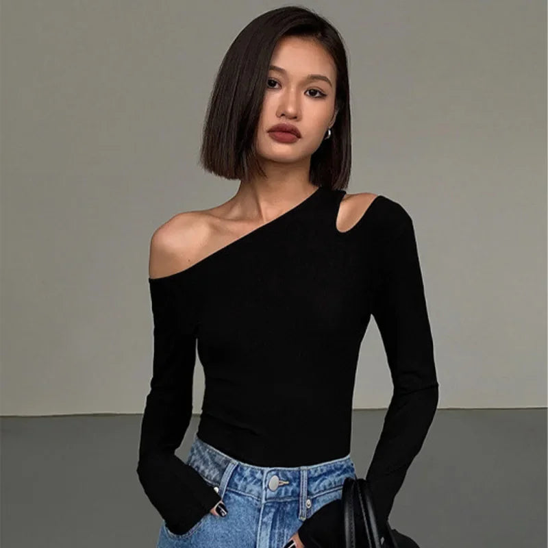 Fashion Skew Collar Off-shoulder Long-sleeved T-shirts Women Spring New Solid Slim Fit Crop Top Sexy Hollow Out Tees Shirts.