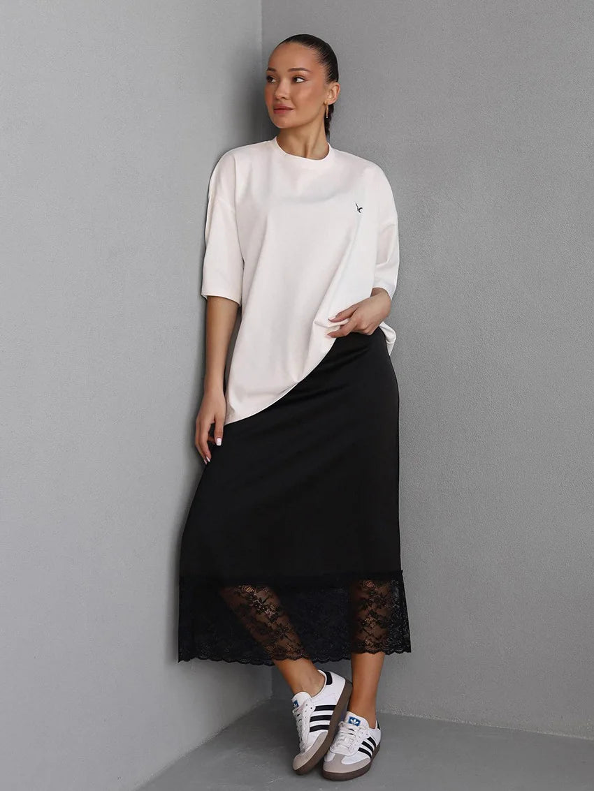 Tossy White Casual Lace Long Skirt For Women Slim High Waist Patchwork Elegant Commute Clothes Summer 2025 Female Maxi Skirt New