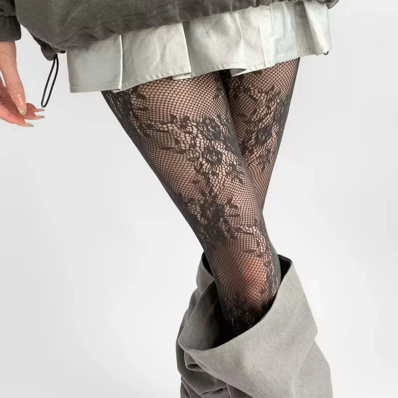 Classic Lolita Hollowed Out Lace Mesh Stockings Bottomed Pantyhose Japanese Lolita Retro Floral Rattan White Hosiery Hot Tights