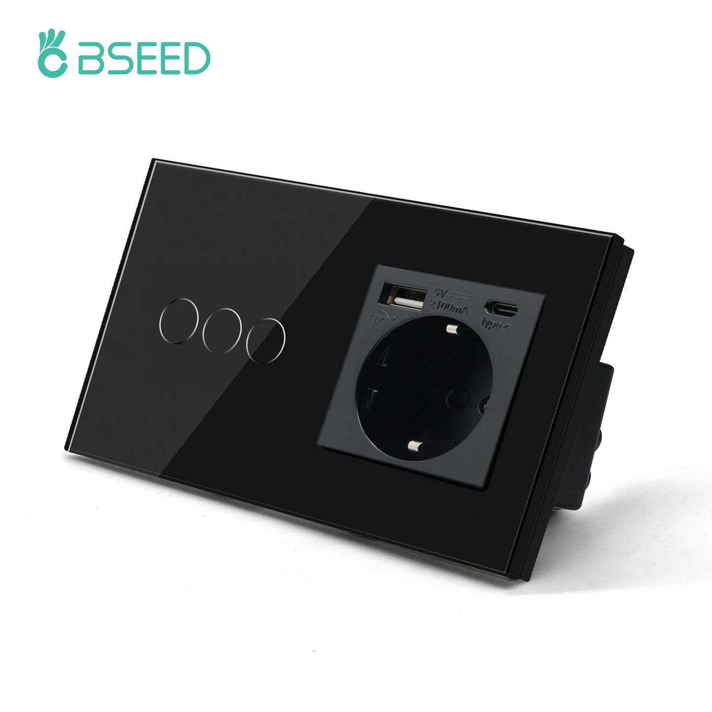 BSEED Einzel-EU-Glassteckdose mit USB-Wandsteckdosen, doppelte Steckdosen, dreifache Steckdosen, USB-Typ-C-Anschlüsse, Schwarz, 16 A