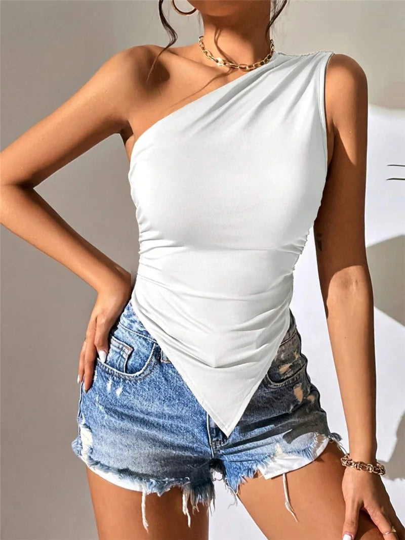 Sexy One Shoulder Ruched Asymmetrical Hem Top Women Summer Casual Solid Color Pleated Sleeveless Tee Top Streetwear Y2K.