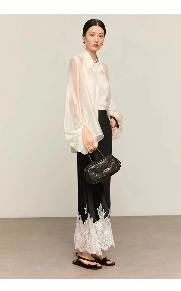 Mia Girl Elegant Satin Long Skirts for Women Oversize Lace Patchwork High Waist A-line Skirt French Style Summer Chic Lady Skirt.