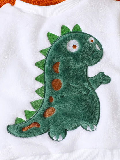 Baby Boy Autumn And Winter Cartoon Dinosaur Embroidery Hoodie Plush Two-piece Set.