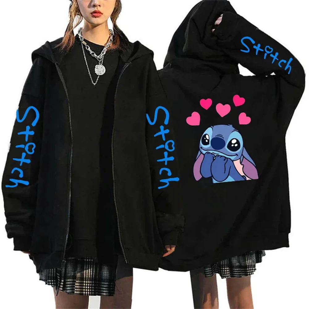 Men's and women's Lilo Stitch hooded jackets, Bonita Harajuku anime, cartoon Gothic streetwear, women's zippered sweaters.