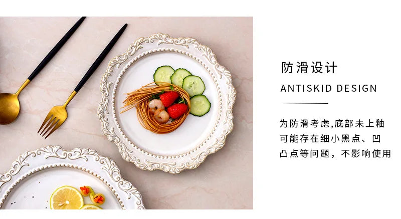 French Baroque Retro Relief Court Style Ceramic Dinner Plate European Tableware Western Food Plate Soup Plate Bowl Set.