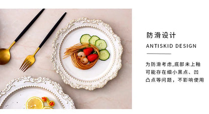 French Baroque Retro Relief Court Style Ceramic Dinner Plate European Tableware Western Food Plate Soup Plate Bowl Set.