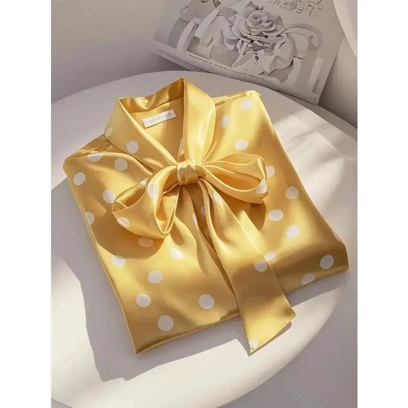 Elegant High Quality Satin Polka Dot Print Shirt Women Office Lady Business Casual Chic Blouse Lace-up Bow Long Sleeve Loose Top.
