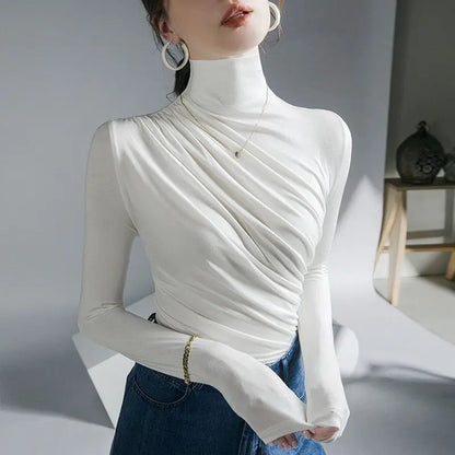 Pleated Stretch T-shirt New Spring Autumn Turtleneck Bottoming Pullover Women's Casual Elegant Basic Top Shirts Harajuku Gothic.