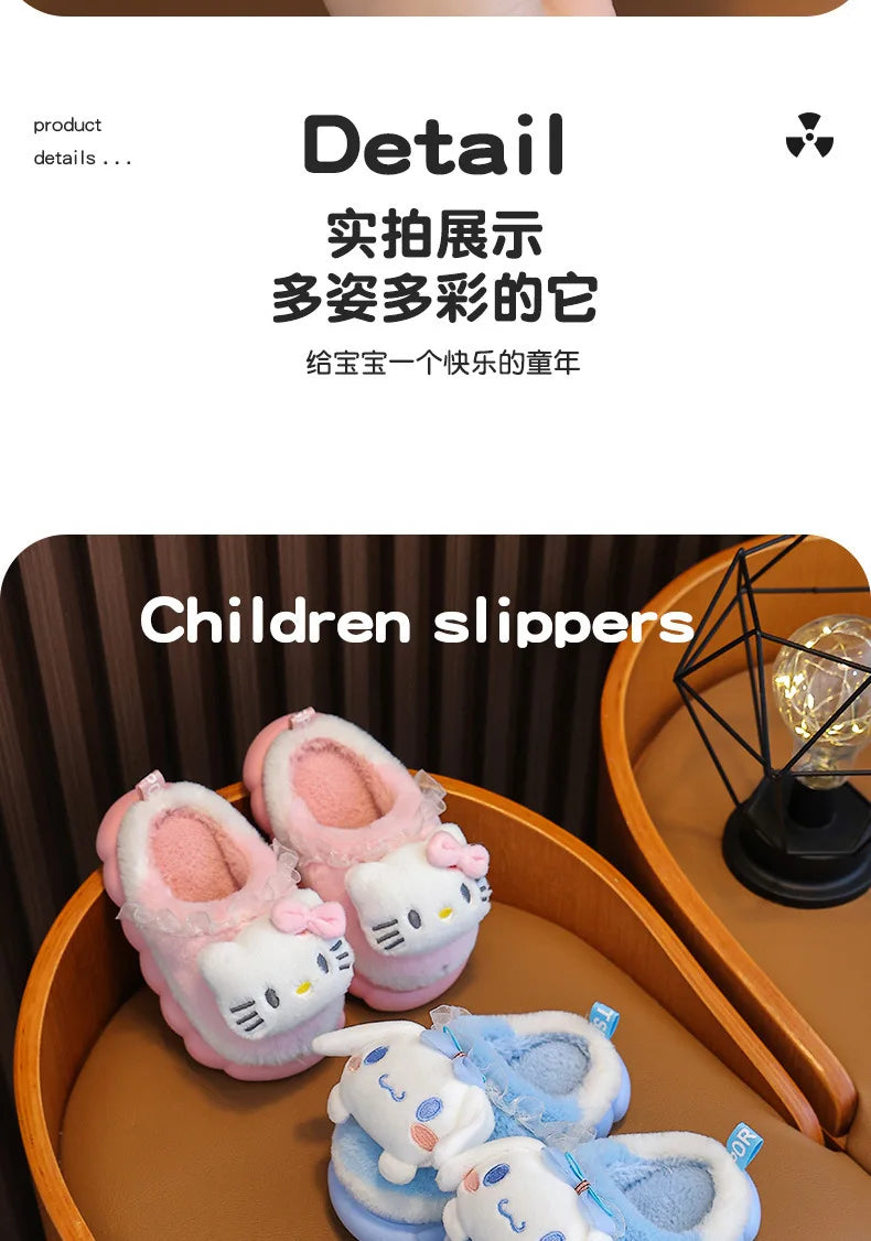 Sweet Family Winter Warm Slippers Cute Kawaii Sandals Kuromi My Melody Hello Kitty Soft Sole Shoes.