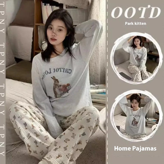Spring and Autumn New Women's Cartoon Ins Style Pajamas Homewear Suit Girls Students Long-Sleeved Sweet Pajamas Loose Homewear.