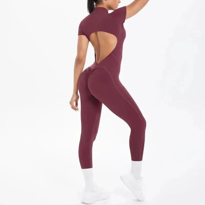 New Women's Yoga Jumpsuit Front Zipper Tight Back Hollow Out Short Sleeve-pants Activewear for Fitness Running Gym Workout.