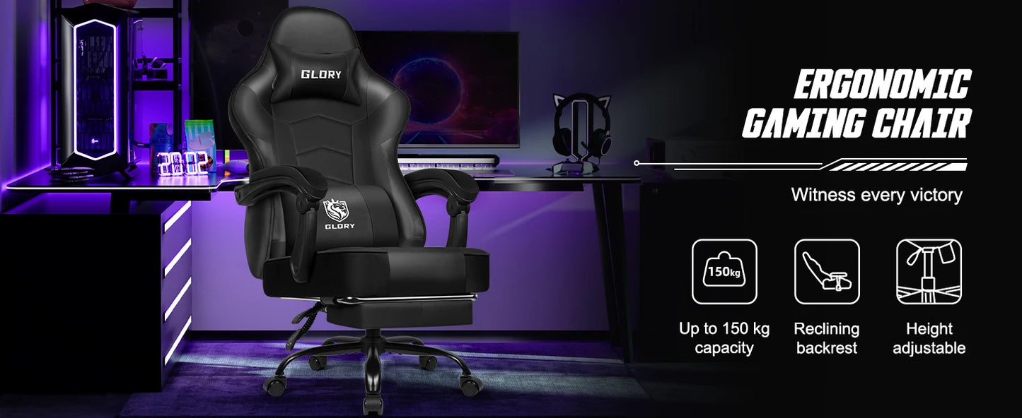 AUTHMIC Ergonomischer Gaming-Stuhl mit Fußstütze und Lordosenstütze, verstellbarer Bürostuhl aus PU-Leder, für Heimbüro und Gamer