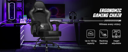 AUTHMIC Ergonomischer Gaming-Stuhl mit Fußstütze und Lordosenstütze, verstellbarer Bürostuhl aus PU-Leder, für Heimbüro und Gamer