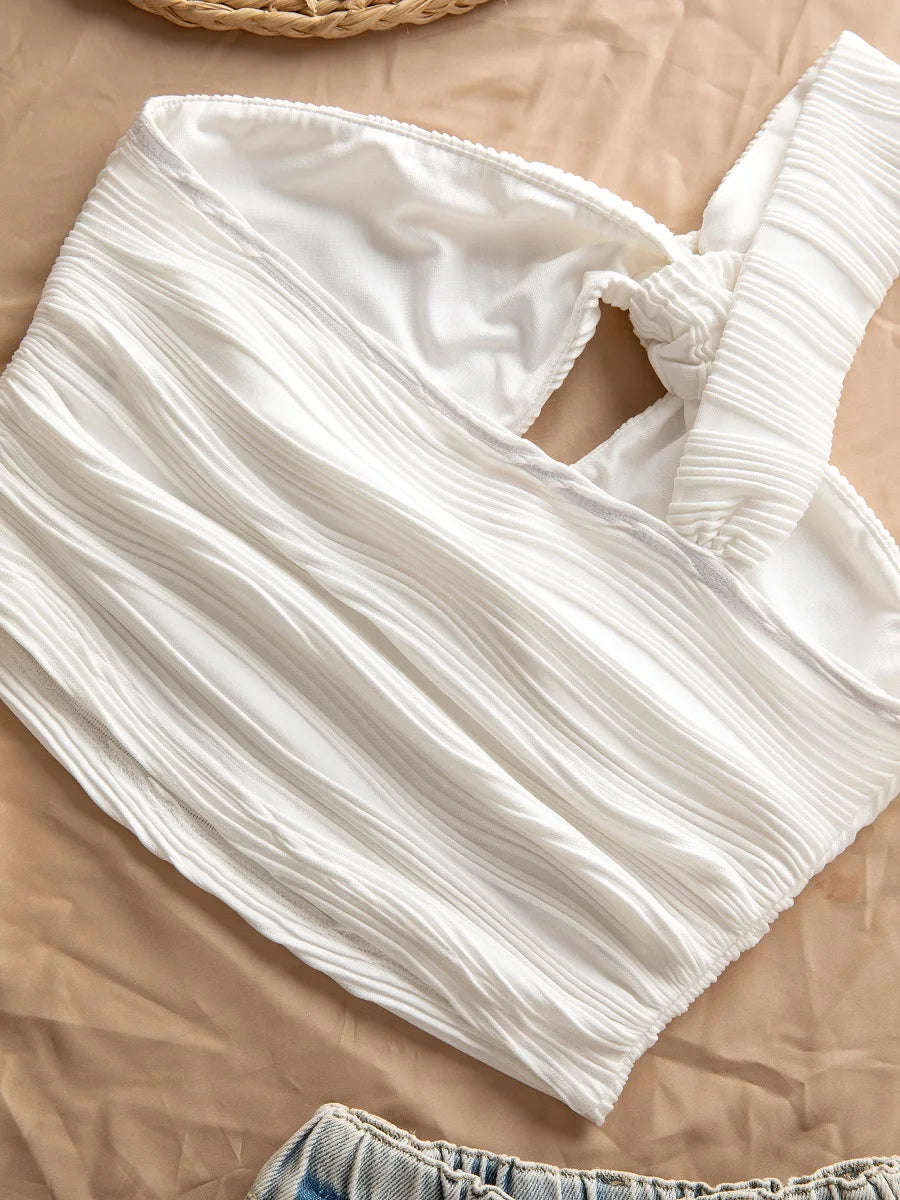 One shoulder openwork off-the-shoulder water ripple asymmetrical bandeau top.