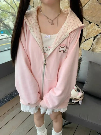Katze Floral Lange Ärmeln Zipper Dünne Jacken 2025, Frühjahr Neue Hoodie Mantel Frauen Y2k Casual Alle-spiel Tops mujer Sweatshirt.