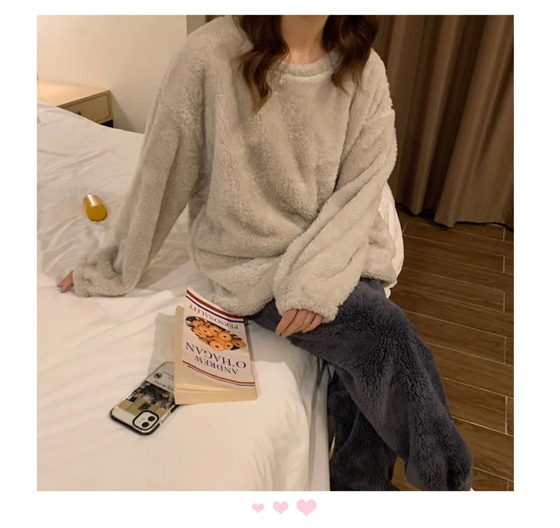 Winter Fleece Women Pajamas Set  Sleepwear Solid Velvet 2 Piece Pant Home Suit Fluffy Casual Warm Flannel Night Wear.
