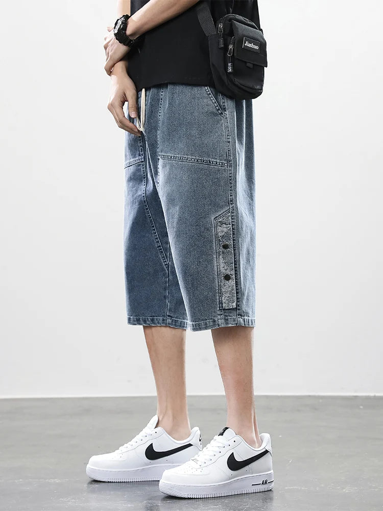 Summer Men's Jeans Denim Breeches Calf-Length Casual Shorts Washed Cotton Drawstring Straight Capris Pants Big Size 8XL.