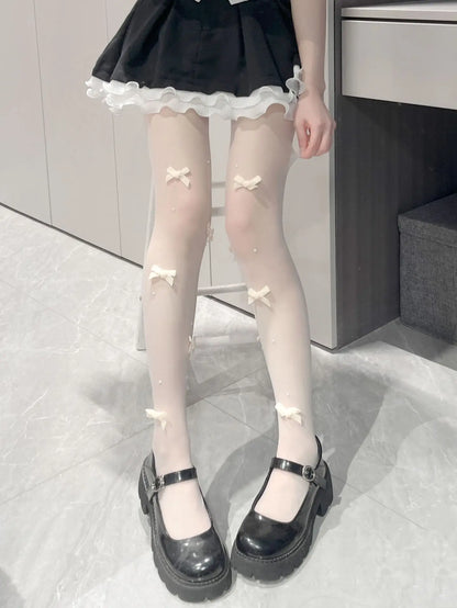 Sweet Japanese JK Bow Pearl White Stockings Sexy Women Lolita Ultra-thin Anti Hook Silk Pantyhose Compression Socks.