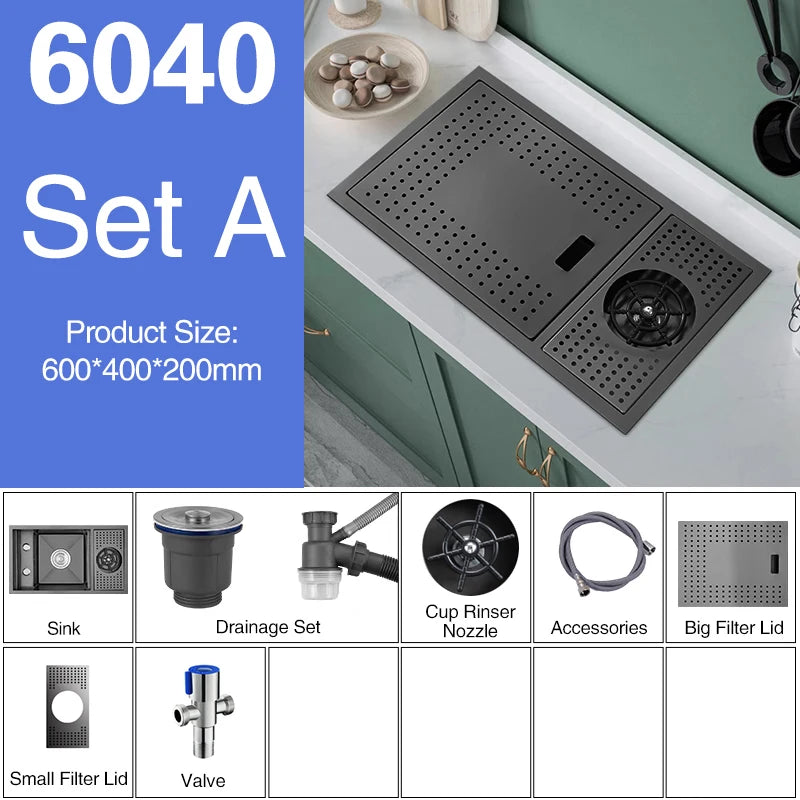 ASRAS Nano Black Small Size Kitchen Sink Cup Washer Hidden Bar Counter Cover Concealed Single Bowl Sinks With Lifting Faucet