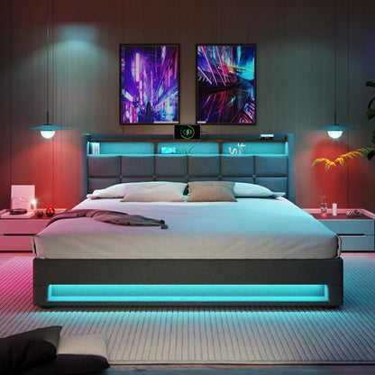 VSOGA Polsterbett mit USB 90/140/160 x200 cm, LED-Doppelbett mit Metallrahmenlatten, Bettrahmen aus Leinen (mit Matratze)