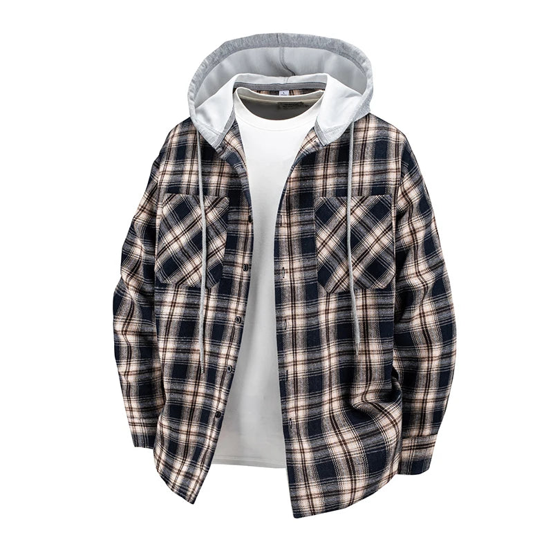 Hooded men's and women's wearable plaid shirts, Japanese shirt jackets for spring and fall, loose-fitting long-sleeve jackets..