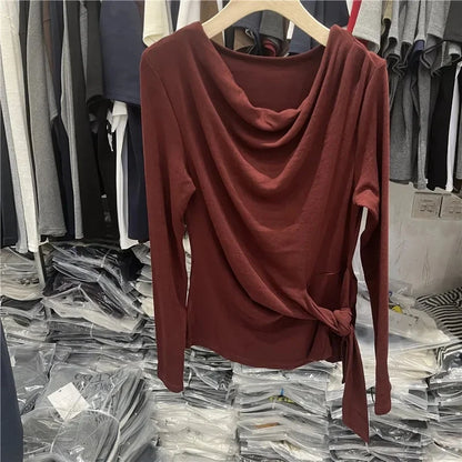 Women's Long Sleeve Striped T-Shirt Shoulder Baring Side Tie Base Shirt Versatile Autumn Fashion Design Cotton Top.