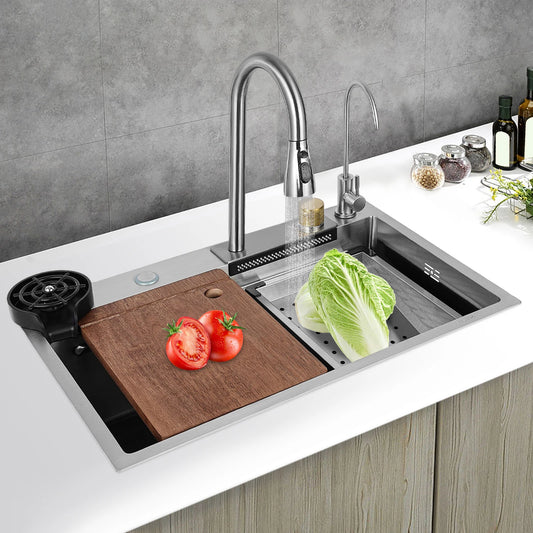 Wasserfall-Bar-Waschbecken, Edelstahl-Waschbecken-Set, integriertes Waschbecken mit abnehmbarem Wasserhahn für Badezimmer, Bauernhöfe, Hinterhof