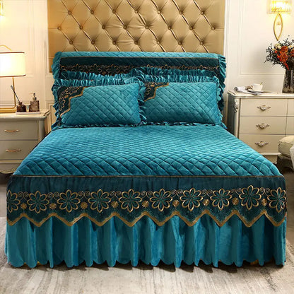 European Luxury Quilted Bed Skirt Winter Warm Thicken Velvet Bedspread King Good Hand Feeling Bed Skirt Not Included Pillowcase