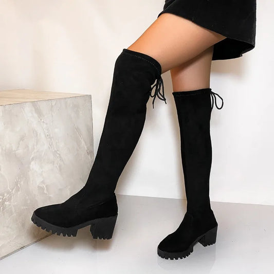 2025 Spring and Autumn Winter Over The Knee Boots Stretch Skinny Leg Long Tube Women's Boots Round Toe High Heel Plus Size.