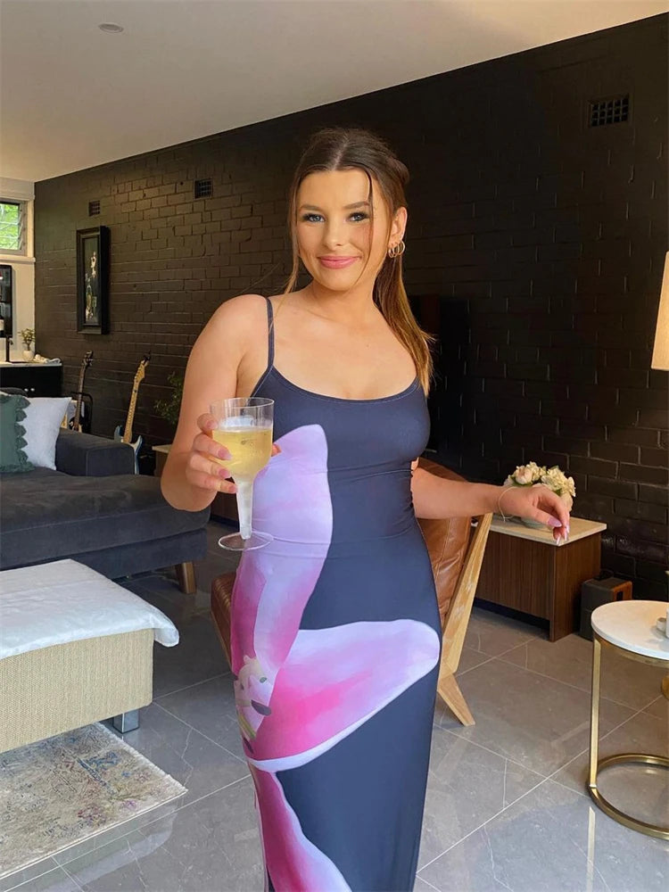 Gedruckt Spaghetti Hot Backless Maxi Kleid Frauen Mode Schlank Elegante Kontrast Patchwork Halter Kleider Herbst Lange DressZ