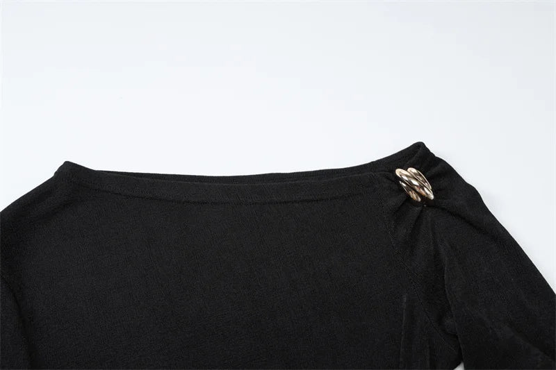 Blifanbo Oblique Shoulder Long Sleeve Tops For Women Metal Buckle Slim Fit Sexy Solid Color Bodycon Fashion BasicTop Streetwear