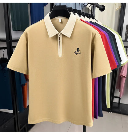 Luxury brand short sleeve polo shirt men's fashion Pony embroidered summer trendy breathable casual color blocked lapel T-shirt.