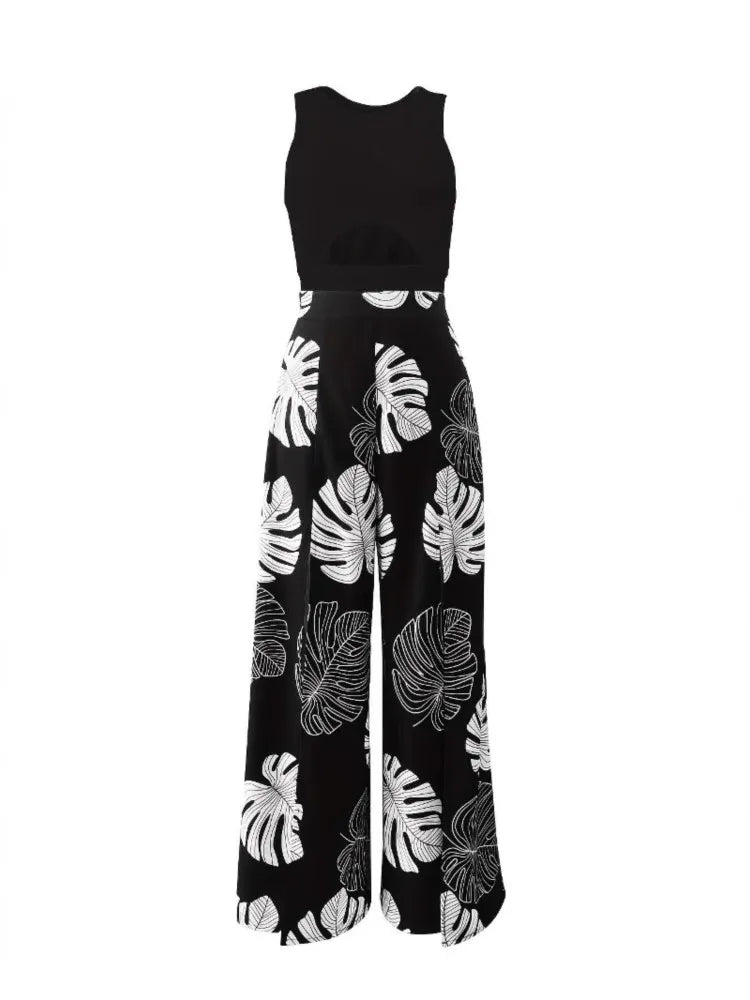 Summer Fashion Two Piece Outfits Woman New Women's Elegant Casual Hollow O Neck Short Vest Printed Trousers Set Women Clothes.