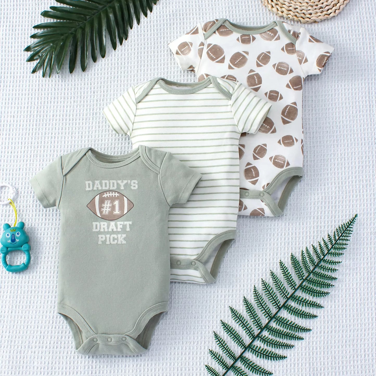 3-teiliges Sommer-Baby-Body, dreiteiliges Set mit Cartoon-Dinosaurier-Muster und Streifenmuster, Knopf-Design für Jungen im Alter von 0–9 Monaten