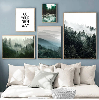 Mountain Wall Posters Fog Forest Canvas Painting Natural Landscape Poster Nordic Wall Pictures For Living Room Home Decoration.