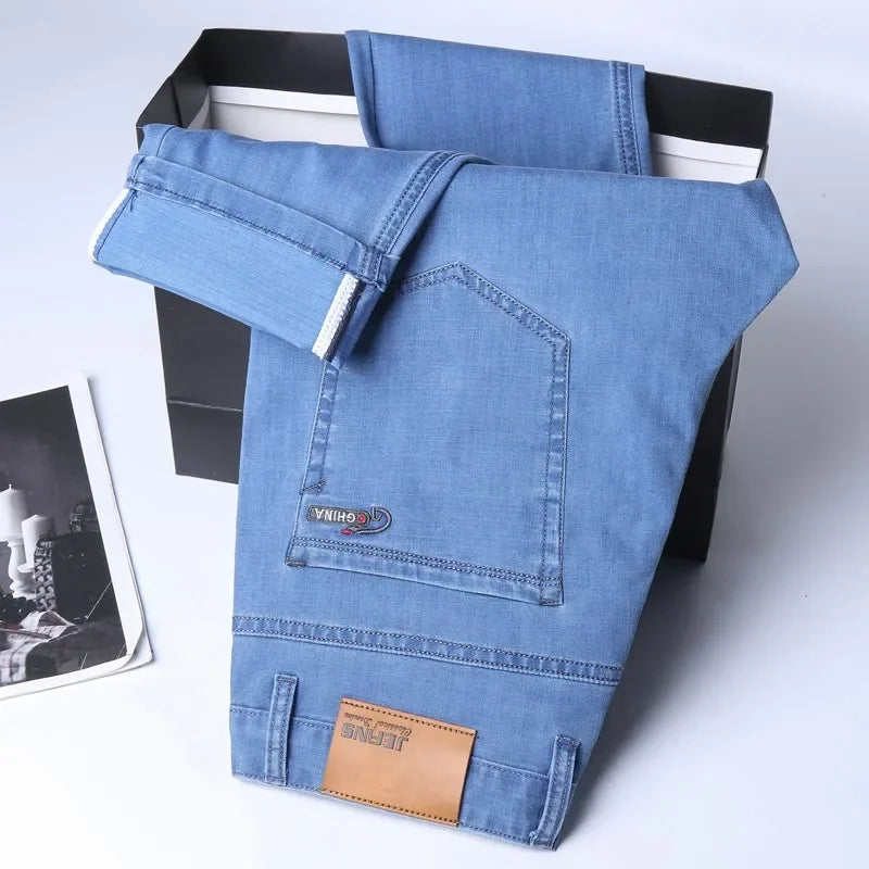 New Ice Silk Thin Denim Jeans For Men Blue Straight Stretch Cotton Pants Business Casual Lightweight Trousers Spring Summer.