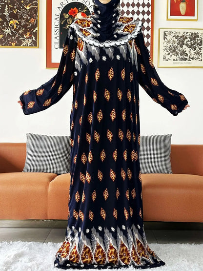 2023 Muslim Solid Cotton Abaya For Women Ramadan Prayer Garment Joint Hat Dubai Turkey Middle East Femme Robe Floral Loose Dress