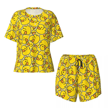 Benutzerdefinierte Frauen Gelb Klassische Gummi Ente Pyjamas Set Gedruckt Zwei-stück Pj Sets Kurzarm Nachtwäsche Loungewear.