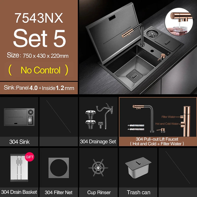 ASRAS Nanometer Hidden Flip Cover kitchen Island Sink 4mm Thickness Handmade Cup Rinser And Trash Can Kitchen Sinks