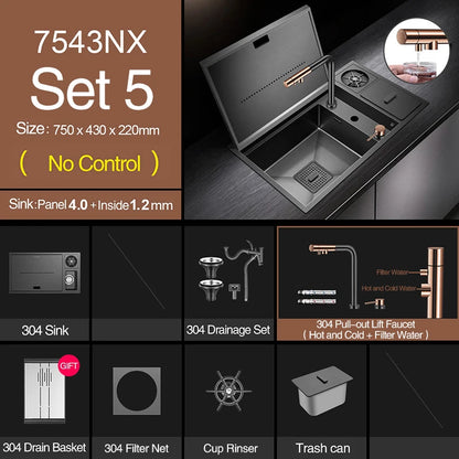 ASRAS Nanometer Hidden Flip Cover kitchen Island Sink 4mm Thickness Handmade Cup Rinser And Trash Can Kitchen Sinks