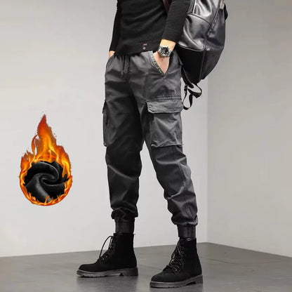 Men's Winter Snow Warm Thermal Plush Cargo Pants Comfortable Elastic Waist Casual Trousers Trend Versatile Concise Outside Pants.