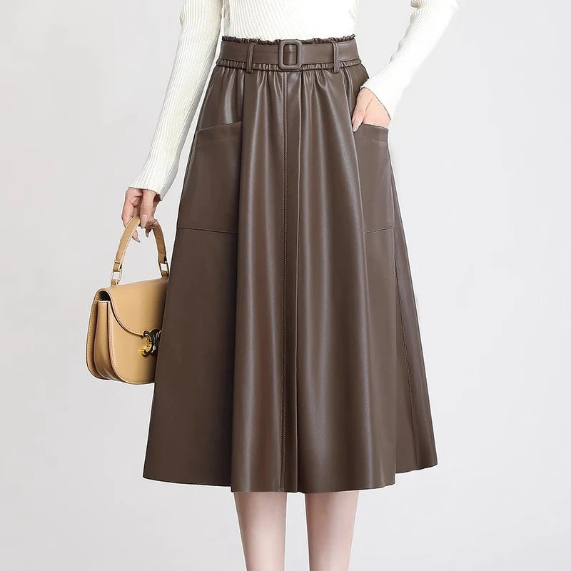 S-5XL New Women Plus Size Leather Skirt Spring Autumn Fashion Stretch Waist A-Line Loose Long Skirt Split Leather Sheepskin