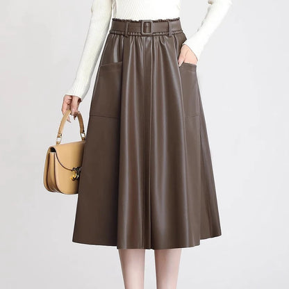 S-5XL New Women Plus Size Leather Skirt Spring Autumn Fashion Stretch Waist A-Line Loose Long Skirt Split Leather Sheepskin