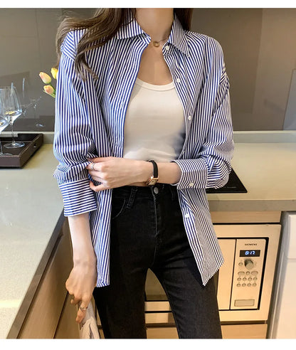 1pcs Woman Four Season Stripe Shirts Lady Casual Long Sleeve Turn-down Collar Loose Shirt Female Business Attire Korean Tops.
