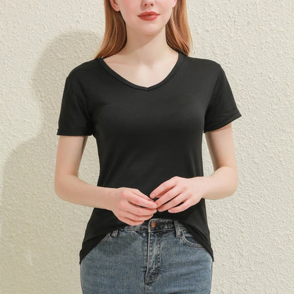 2024 Kurze T-Shirts Sommer Damen Kurzarm Rundhals Casual Bluse Shirts Einfarbig Tops Schwarz / Weiß