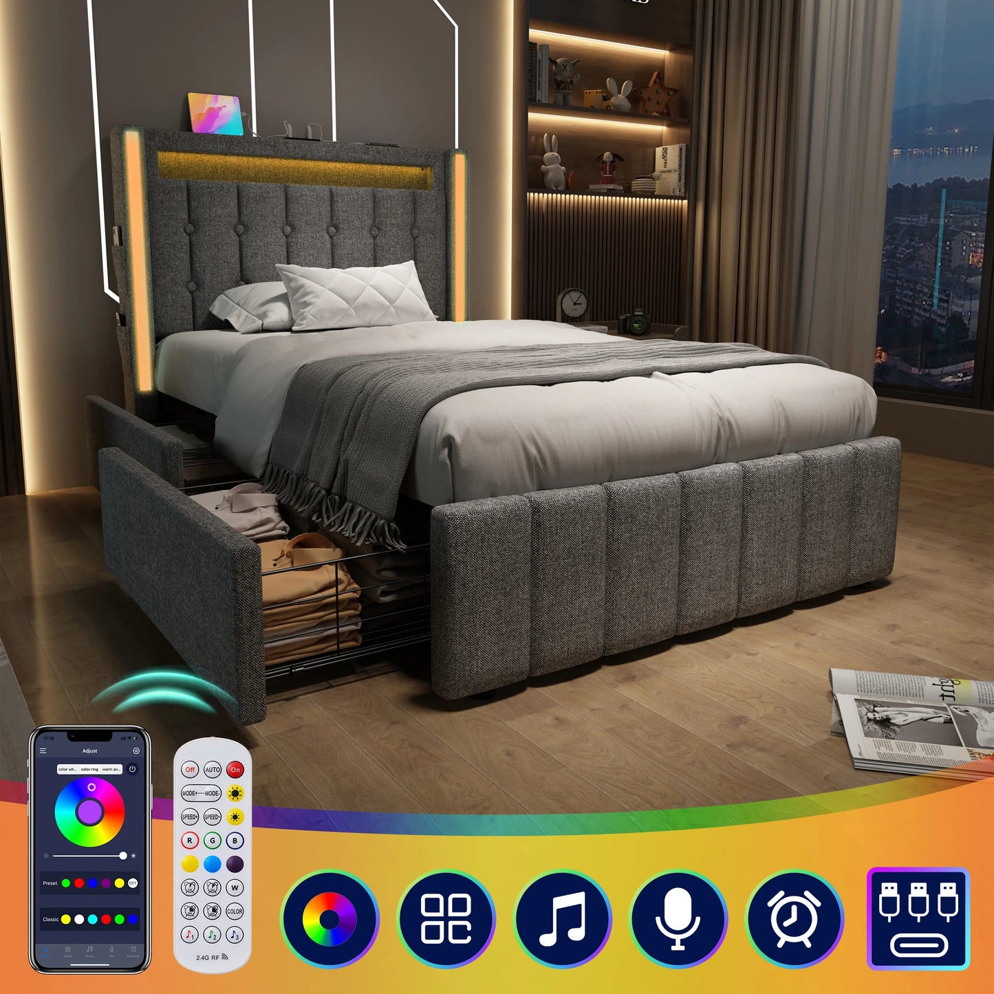 KOMHTOM Polsterbett Einzelbett Jugendbett 90x200 cm Grau - USB Typ C Ladefunktion, LED-Beleuchtung, 2 Schubladen, ohne Matratze