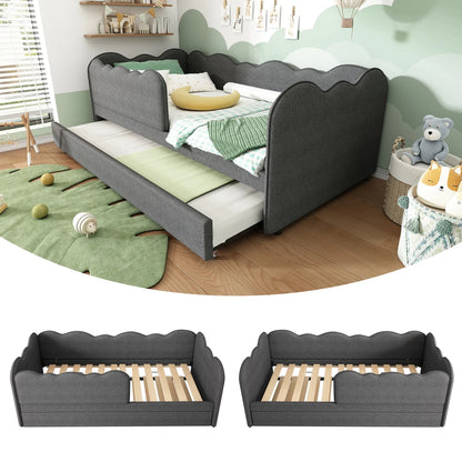 Gepolstertes Tagesbett 90x190cm, Tagesbett Schlafsofa mit ausziehbarem Bett 90x190cm, Kinderbett mit Gitter ohne Matratze