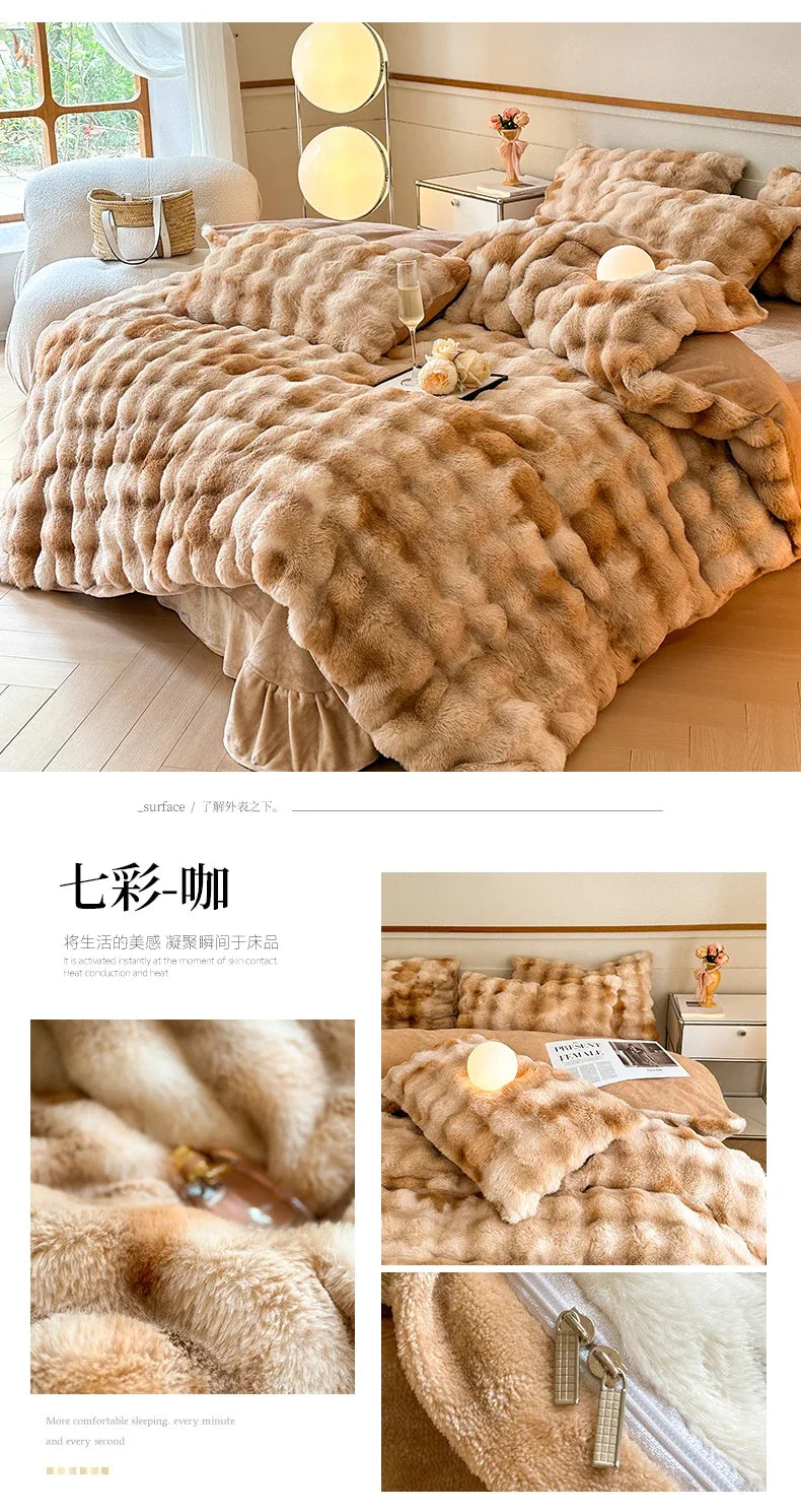 2024 new solid color colorful rabbit wool four-piece set, one side of rabbit fur and one side of milk wool thickened warm