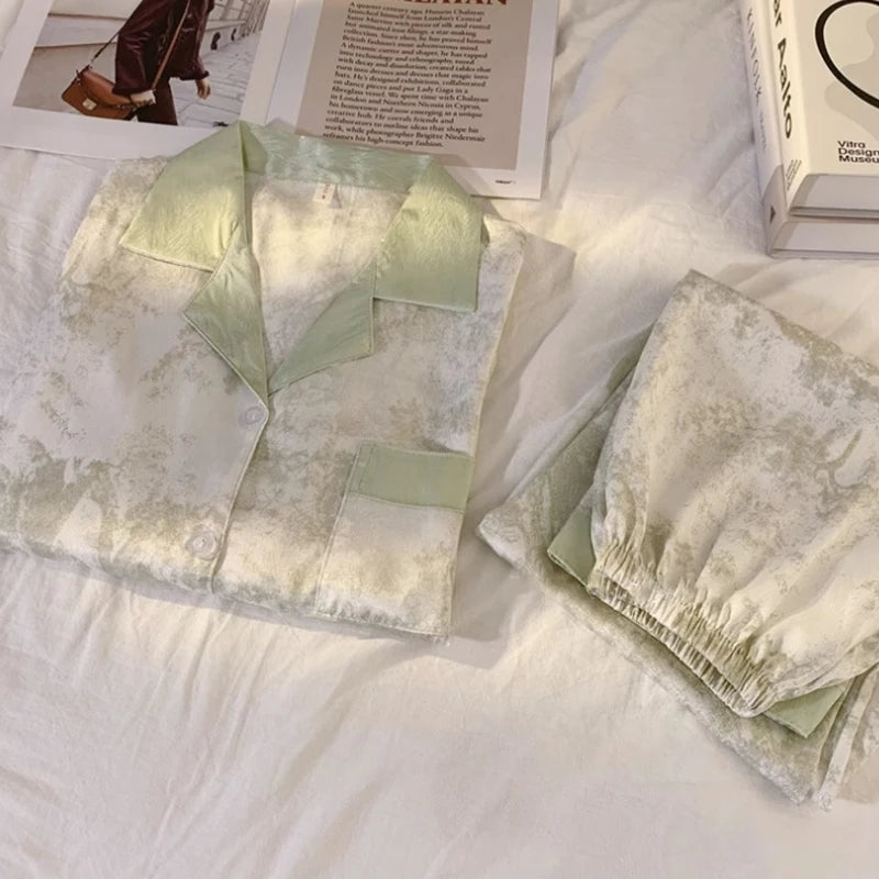 New Ice Silk Women Pajama Lapel Button Cardigan Outfits for Women 2 Piece Set Fashion Printing Set Clothes for Women.