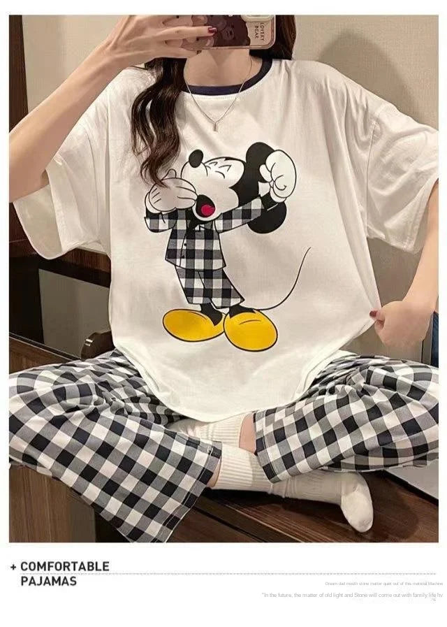 Sommer Pooh Bär Nachtwäsche frauen Lose Bequeme Cartoon Print Hause Kleidung Set Kurzarm Nachthemd Mickey Pyjama Set.
